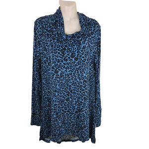 Cuddl Duds Softwear Cowl Neck Tunic Top Animal Print Teal Blue Thumb Holes Large